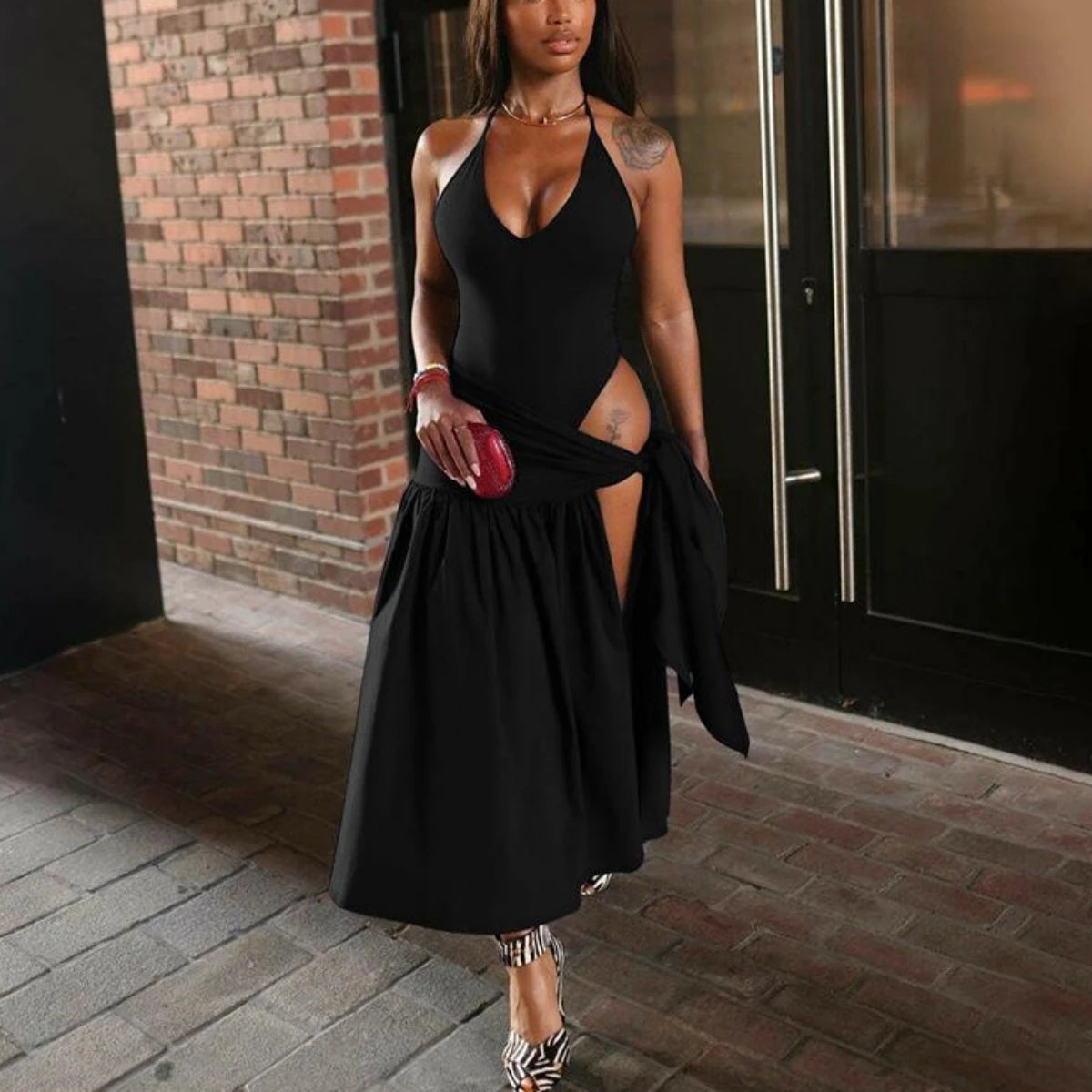 🍒Sleexeless halter top backless design deep v neck Irregular fashion and long split skirt 2 piece sets smart casual wear women You Will Bi K-eeN-i To Wear This Bikini Dress
