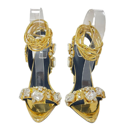 🍒Spits-toon diamant-hak enkelbandjie strappiesandale glansryke stilettos met diamantversiering damespartytjieskoene geleentheidsklere Dancing Diamonds