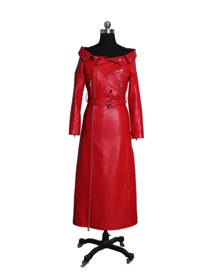 🍒Leather long dresses with side split for women slash neck red black pu outfit long sleeve shoulderless for occasions party wear club wear REDiculously Cool