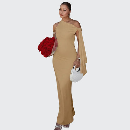 🍒Sonder-skouer moulose maxi rok lang elegante diagonale kraag geleentheid mode vir vroue partytjie uitrustings elegante bodycon Hou die sy-das styl opsy