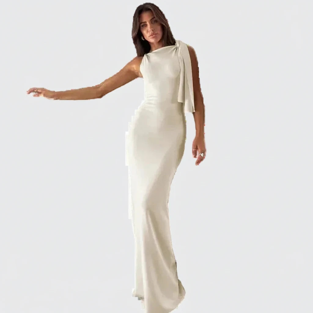 🍒Sonder-skouer moulose maxi rok lang elegante diagonale kraag geleentheid mode vir vroue partytjie uitrustings elegante bodycon Hou die sy-das styl opsy