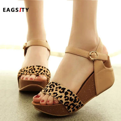 🍒Leopard wedge sandals Platform wedge shoes ankle strap peep toe high foot wear smart casual footwear women  jump on  leopord platform