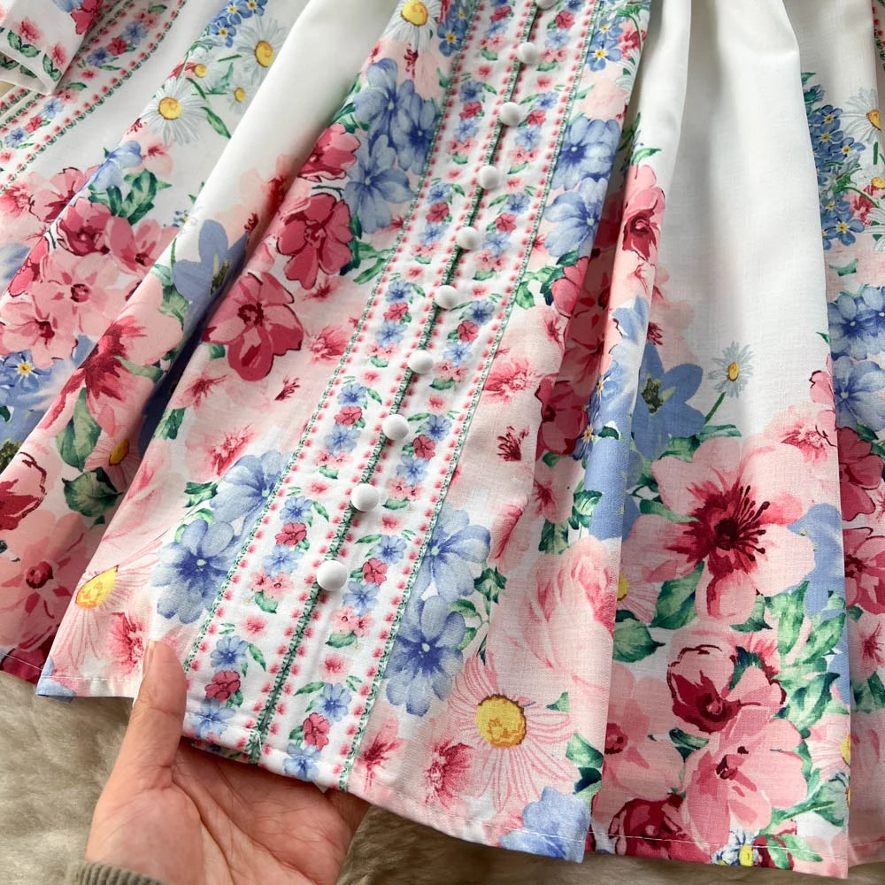 🍒立领泡泡袖连衣裙女甜美春秋时尚褶皱连衣裙碎花裙过膝连衣裙