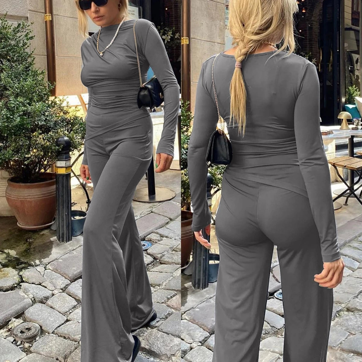 🍒Solid colour set crop top + flared bottom tube pants smart casual clothing women fashion  leggings two piece set Galavant In Your Grey