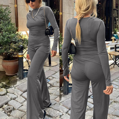 🍒Solid colour set crop top + flared bottom tube pants smart casual clothing women fashion  leggings two piece set Galavant In Your Grey