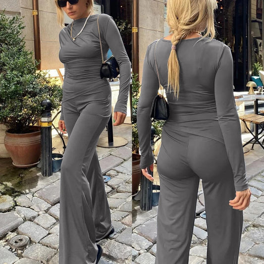 🍒Effen kleur stel kort top + uitlopende pypbroek slim gemaklike klere vroue mode leggings twee stuk stel Wandel In Jou Grys