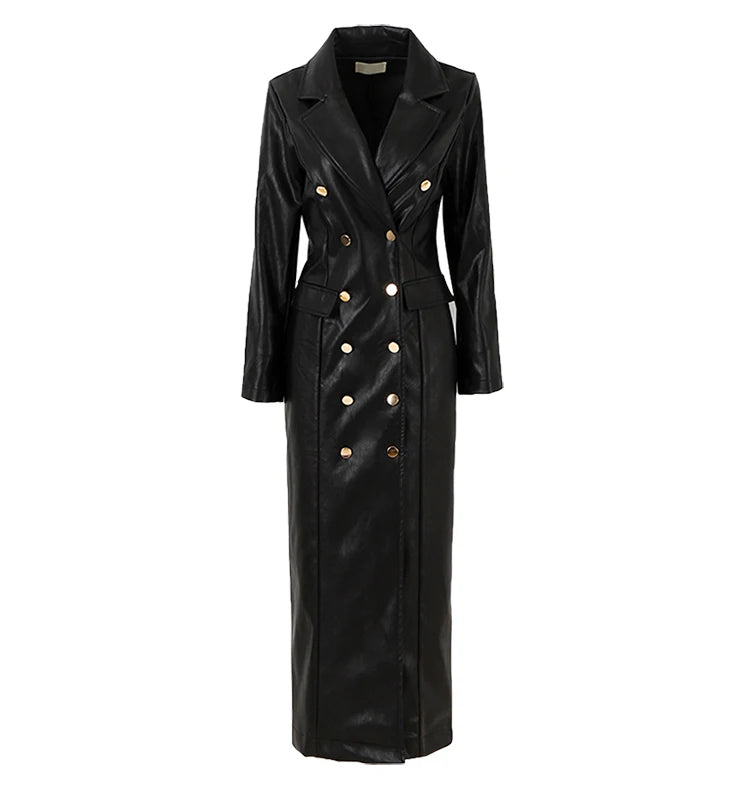 🍒Ekstra lang kunsleer trenchcoat vir dames dubbelbors luukse elegante lang slim gemaklike pu-oorjas Bly OP HOOGTE van DUBBEL neem-klere