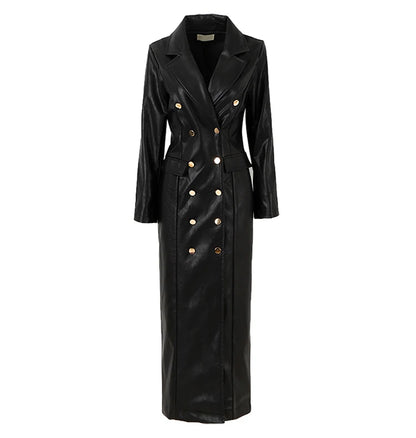 🍒Ekstra lang kunsleer trenchcoat vir dames dubbelbors luukse elegante lang slim gemaklike pu-oorjas Bly OP HOOGTE van DUBBEL neem-klere