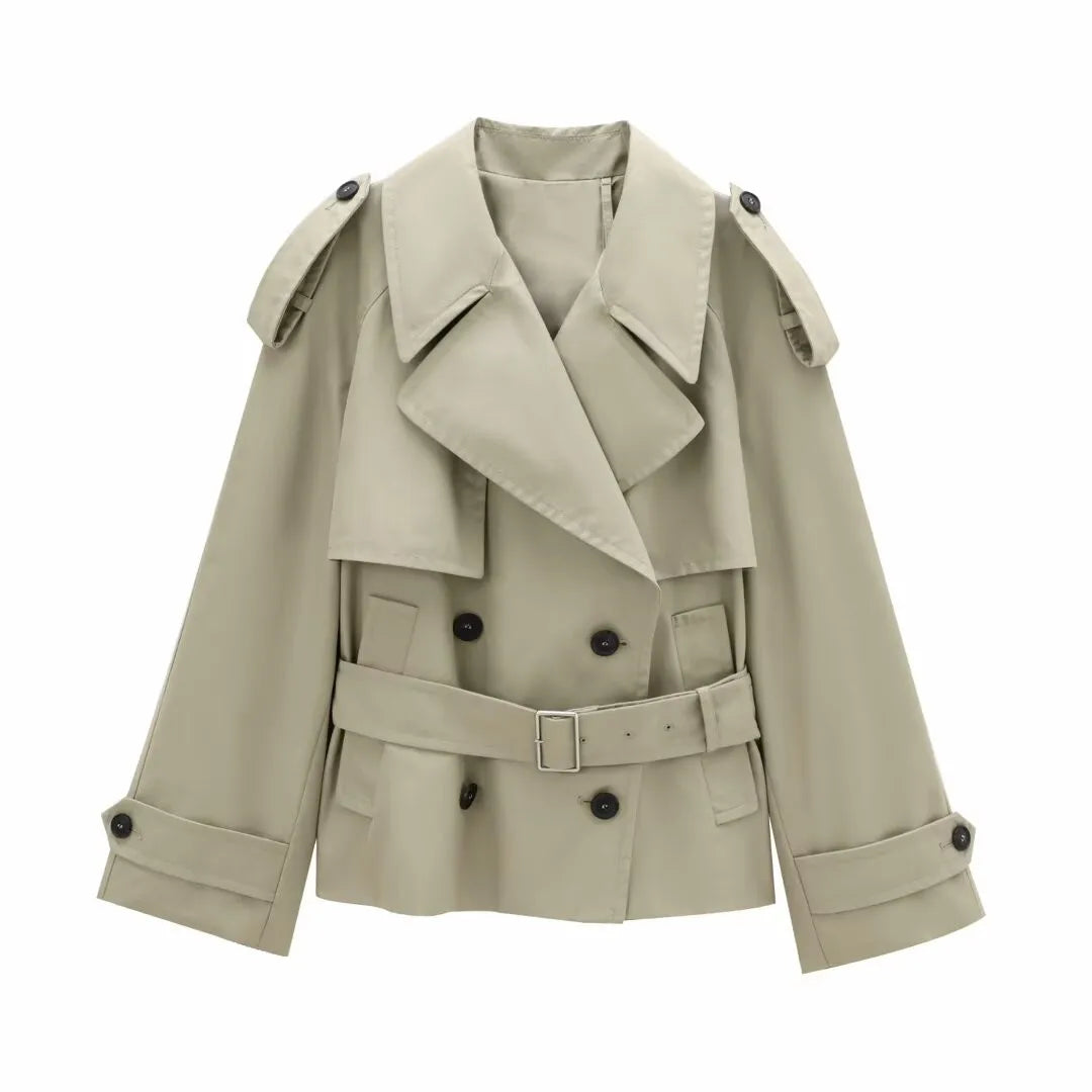 🍒Autumn winter womens fashion retro jacket double-breasted long-sleeve short long sleeve trench coat wind breaker smart casual coat (In Short ) Classic Coat