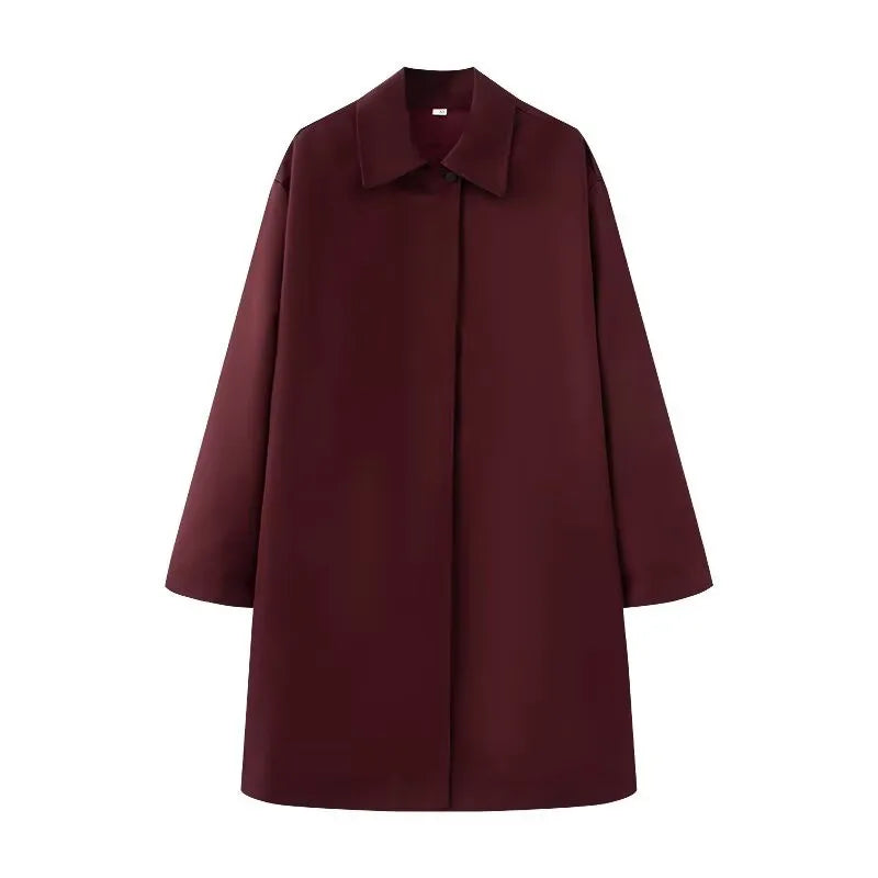 🍒Women's spring and summer fashion style simple and versatile trench coat long sleeves collar outwear smart casual Bottle Style With A Burgundy Coat Dress
