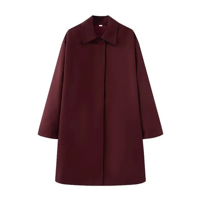 🍒Women's spring and summer fashion style simple and versatile trench coat long sleeves collar outwear smart casual Bottle Style With A Burgundy Coat Dress