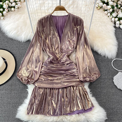 🍒Dames lente somer mode rok blink materiaal v-nek lanternmou geplooide geleentheidsuitrusting heupomvou kleding partytjiedrag Super Sensuele Satyn