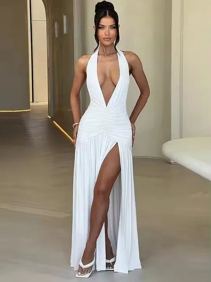 🍒ruglose moulose halter V-nek elegante maxi hoë spleet damesmode partytjie geleentheid drag