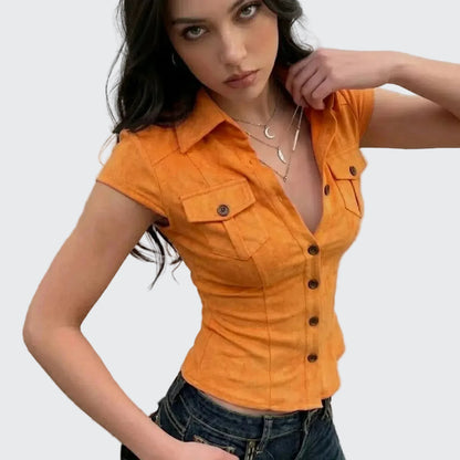 🍒Retro polo shirt with pockets female fashion fitted short sleeve tops women casual fashion clothing streetwear workwear style crop summer wear clothes solid aPEELing shades of ORANGE and Cream
