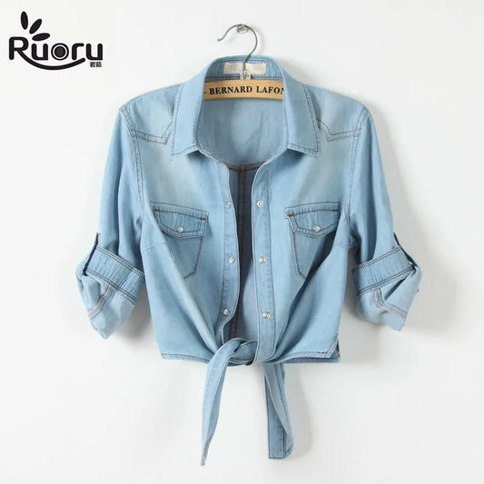 🍒和服式牛仔衬衫短袖女上衣露脐短款牛仔衬衫女夏装清凉女性衬衫休闲服饰系上牛仔