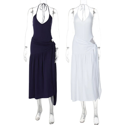 🍒Sleexeless halter top backless design deep v neck Irregular fashion and long split skirt 2 piece sets smart casual wear women You Will Bi K-eeN-i To Wear This Bikini Dress