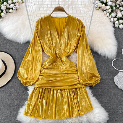 🍒Dames lente somer mode rok blink materiaal v-nek lanternmou geplooide geleentheidsuitrusting heupomvou kleding partytjiedrag Super Sensuele Satyn