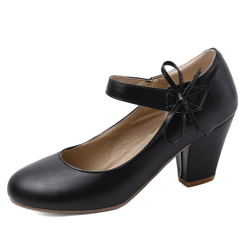 🍒Damespompe 7 cm hoë dik blokhakke ronde toon Mary Janes skoene trourok skoene kantoorskoene damesenkelbandhakke met strikkies