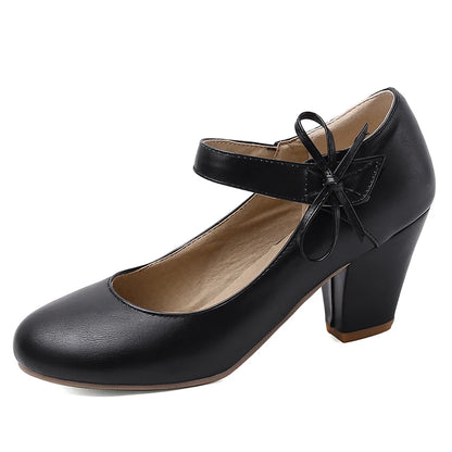 🍒Damespompe 7 cm hoë dik blokhakke ronde toon Mary Janes skoene trourok skoene kantoorskoene damesenkelbandhakke met strikkies