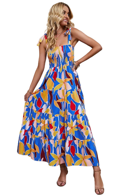 🍒Tiered summer dress summer sleeveless midaxi outfit for holiday spring summer clothing backless printed vacation wear cami dress for Women smart casual clothing  Dress For Summer
