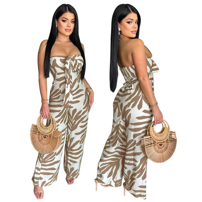 🍒 Gedrukte, noupassende jumpsuit met wye pype – klubdrag, strandpartytjie, vakansiedrag vir vroue, elegante gemaklike drag