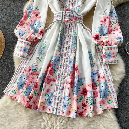 🍒立领泡泡袖连衣裙女甜美春秋时尚褶皱连衣裙碎花裙过膝连衣裙