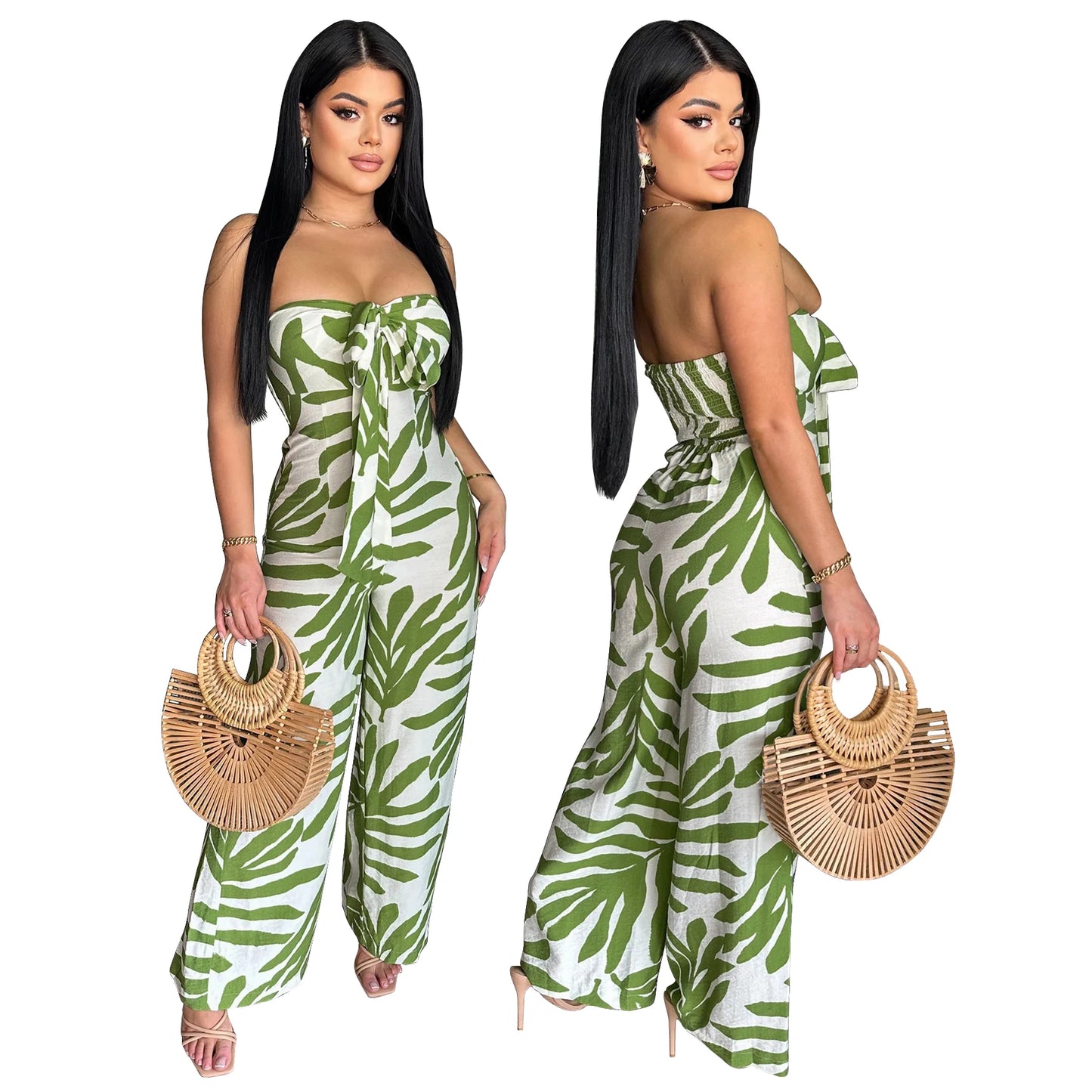 🍒 Gedrukte, noupassende jumpsuit met wye pype – klubdrag, strandpartytjie, vakansiedrag vir vroue, elegante gemaklike drag