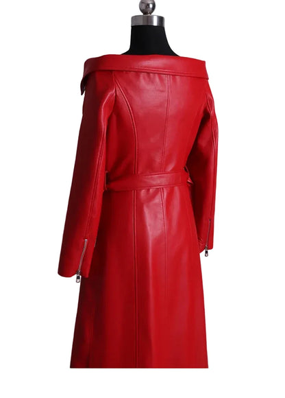 🍒Leather long dresses with side split for women slash neck red black pu outfit long sleeve shoulderless for occasions party wear club wear REDiculously Cool