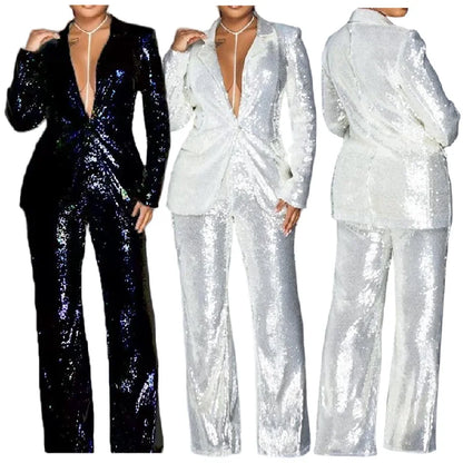 🍒Nuwe Aankomelinge Dames Elegante Sequinpakstelle vir Vroue Broek- en Lang Blazerstel vir Vroue Pakke Kantoor Formele Pak Gorg GlitZ