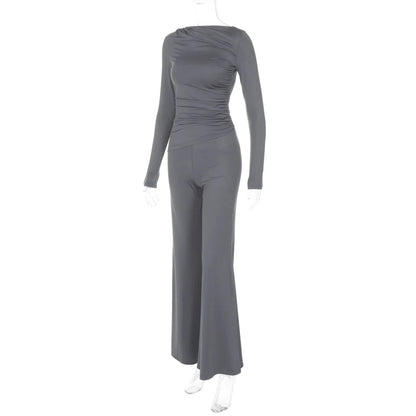 🍒Solid colour set crop top + flared bottom tube pants smart casual clothing women fashion  leggings two piece set Galavant In Your Grey