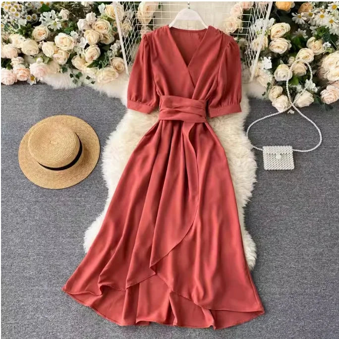 🍒Solid colour irregular hem dress short sleeved summer outfit smart casual women colourful fashion wear holiday wear