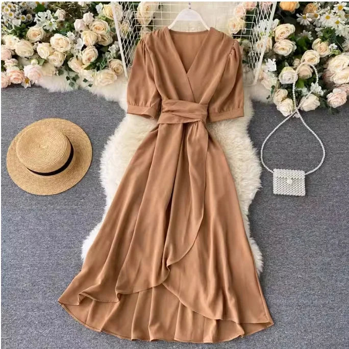 🍒Solid colour irregular hem dress short sleeved summer outfit smart casual women colourful fashion wear holiday wear