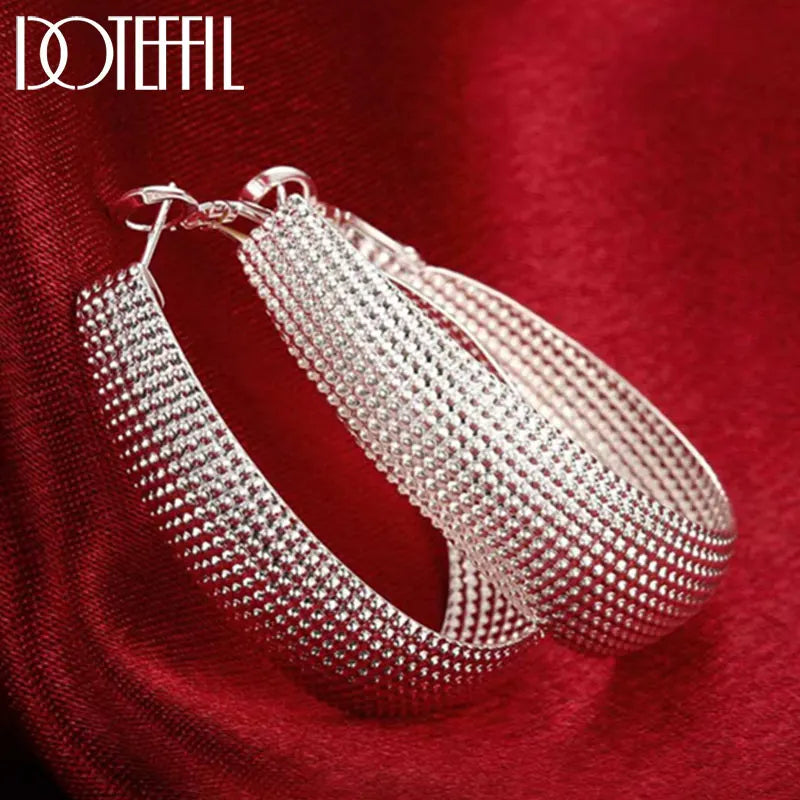 🍒925 Serling silver frosted big Hoop earrings womens party jewellery gift fashion silver wear Wedding occasion jewellery