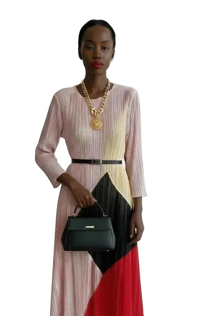🍒Pleated colour block dress for women elegant geometric pattern  outfit print long sleeve smart casual clothing for occasions wear loose A-line maxi dress designer clothes  Pink Perfection