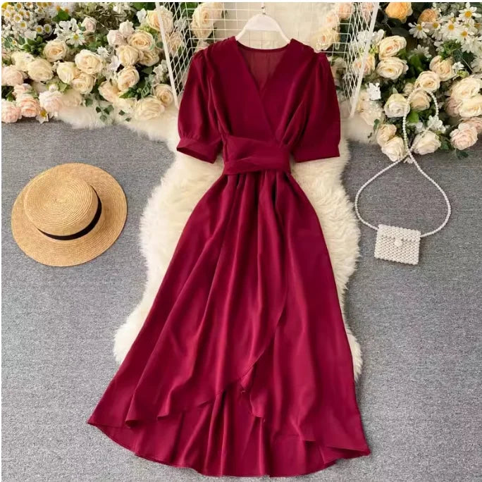 🍒Solid colour irregular hem dress short sleeved summer outfit smart casual women colourful fashion wear holiday wear