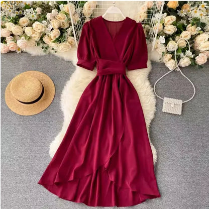 🍒Solid colour irregular hem dress short sleeved summer outfit smart casual women colourful fashion wear holiday wear