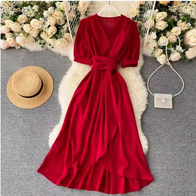 🍒Solid colour irregular hem dress short sleeved summer outfit smart casual women colourful fashion wear holiday wear
