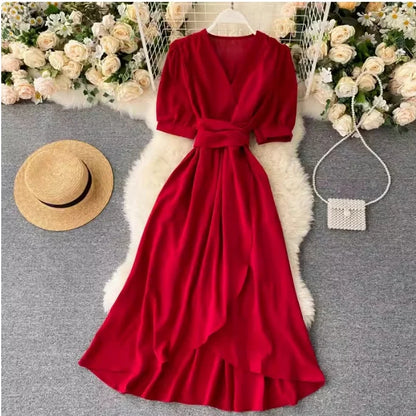 🍒Solid colour irregular hem dress short sleeved summer outfit smart casual women colourful fashion wear holiday wear