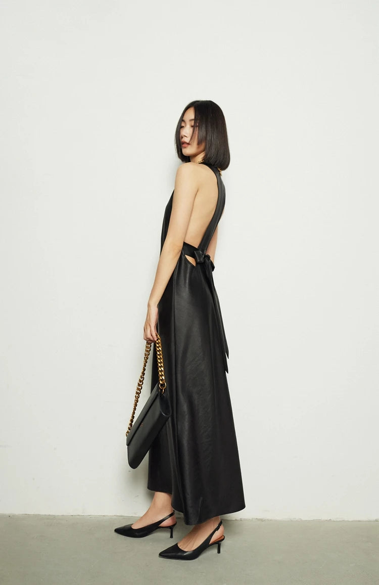 🍒Long faux Leather dress for occasion elegant stylish design backless maxi outfits for Women clubwear partwear fashion Party With A Bow On It