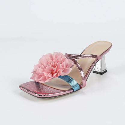 🍒Women's square-toe sandals with 3D flower shoes with kitten heels womens slides lacquered heel occasion footwear