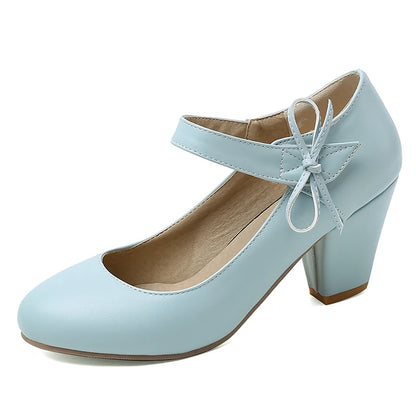 🍒Damespompe 7 cm hoë dik blokhakke ronde toon Mary Janes skoene trourok skoene kantoorskoene damesenkelbandhakke met strikkies