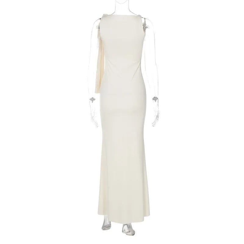 🍒Sonder-skouer moulose maxi rok lang elegante diagonale kraag geleentheid mode vir vroue partytjie uitrustings elegante bodycon Hou die sy-das styl opsy