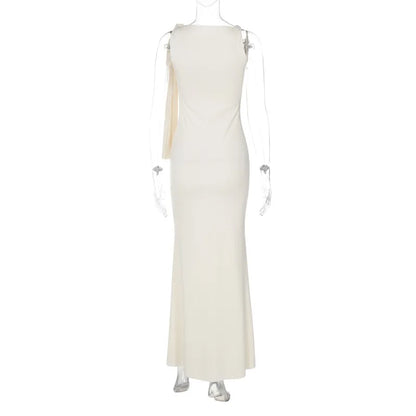 🍒Sonder-skouer moulose maxi rok lang elegante diagonale kraag geleentheid mode vir vroue partytjie uitrustings elegante bodycon Hou die sy-das styl opsy