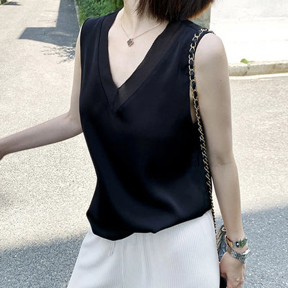 🍒Satin blouses for women summer top for office wear satin camisole versatile fashion party wear occasion wear with chifon edge