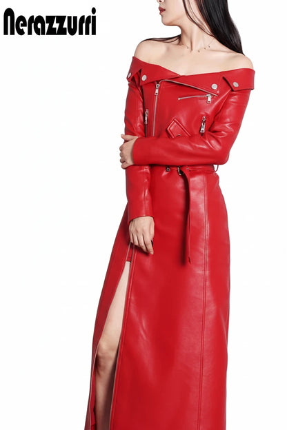 🍒Leather long dresses with side split for women slash neck red black pu outfit long sleeve shoulderless for occasions party wear club wear REDiculously Cool