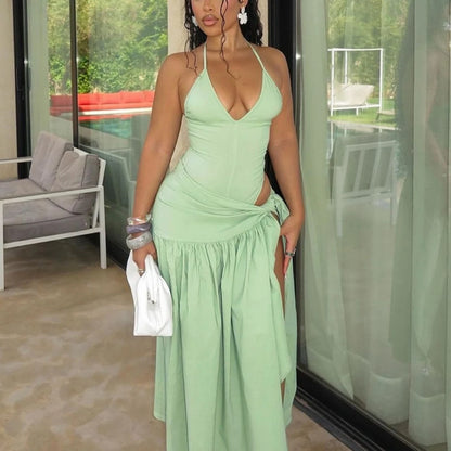 🍒Sleexeless halter top backless design deep v neck Irregular fashion and long split skirt 2 piece sets smart casual wear women You Will Bi K-eeN-i To Wear This Bikini Dress