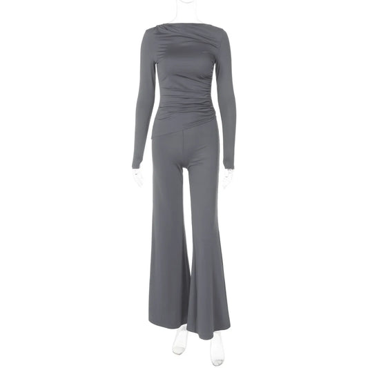 🍒Effen kleur stel kort top + uitlopende pypbroek slim gemaklike klere vroue mode leggings twee stuk stel Wandel In Jou Grys