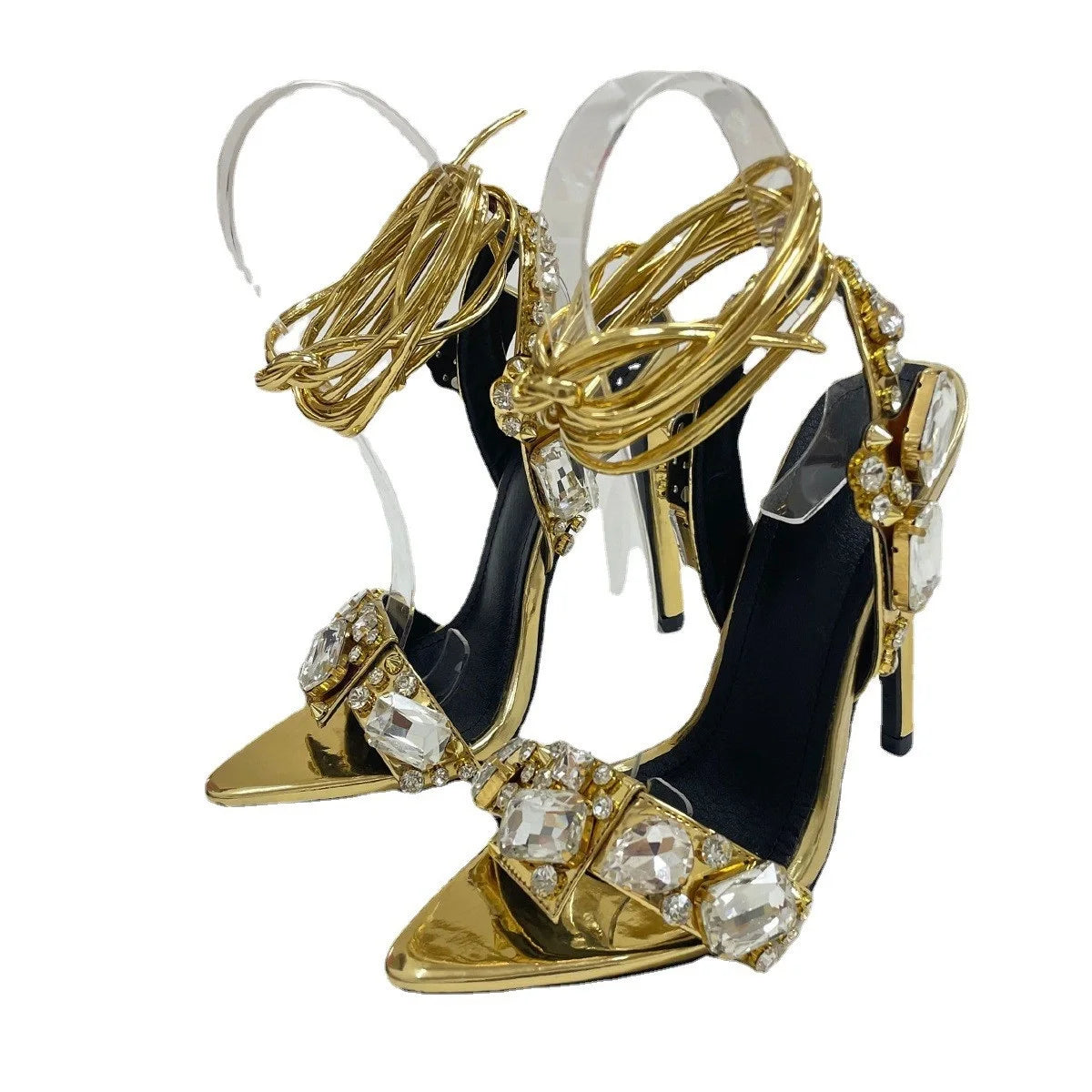 🍒Spits-toon diamant-hak enkelbandjie strappiesandale glansryke stilettos met diamantversiering damespartytjieskoene geleentheidsklere Dancing Diamonds