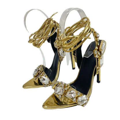 🍒Spits-toon diamant-hak enkelbandjie strappiesandale glansryke stilettos met diamantversiering damespartytjieskoene geleentheidsklere Dancing Diamonds
