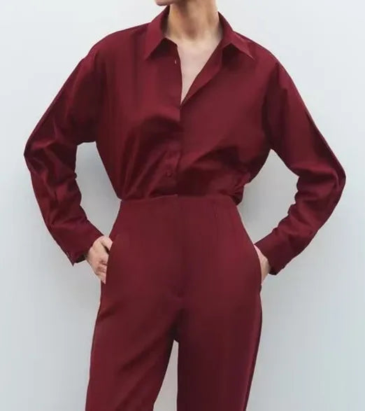 🍒女士府绸衬衫，带衣领，夏季女士时尚长袖，夏季简约百搭服装，智能休闲酒红色基础款